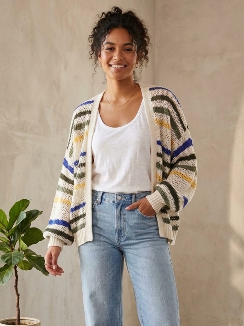 aerie Cream Striped Open-Front Women’s Cardigan